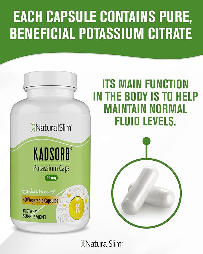 NaturalSlim Natural Potassium Citrate Gluconate 99 mg - Kadsorb Supports Electrolyte Balance &amp Normal pH - Absorbable Potassium Supplements with Essential Minerals - Non GMO 400 Capsules 2 Pack