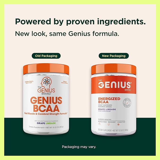 Genius BCAA Powder - 5g Vegan BCAAs L-Glutamine Cognizin &amp Rhodiola Muscle Recovery Energy Support 100mg Caffeine Pre Intra Post-Workout Nootropic Supplement for Focus &amp Performance - Grape