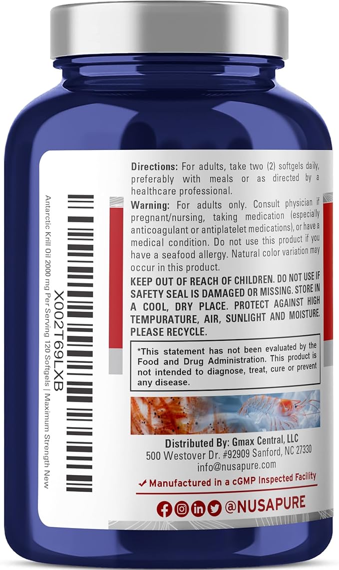 NusaPure Antarctic Krill Oil 2000 mg 120 Softgels Omega-3 EPA 360mg DHA 240mg Soyfree Astaxanthin Supplement Sourced from Krill 800ppm