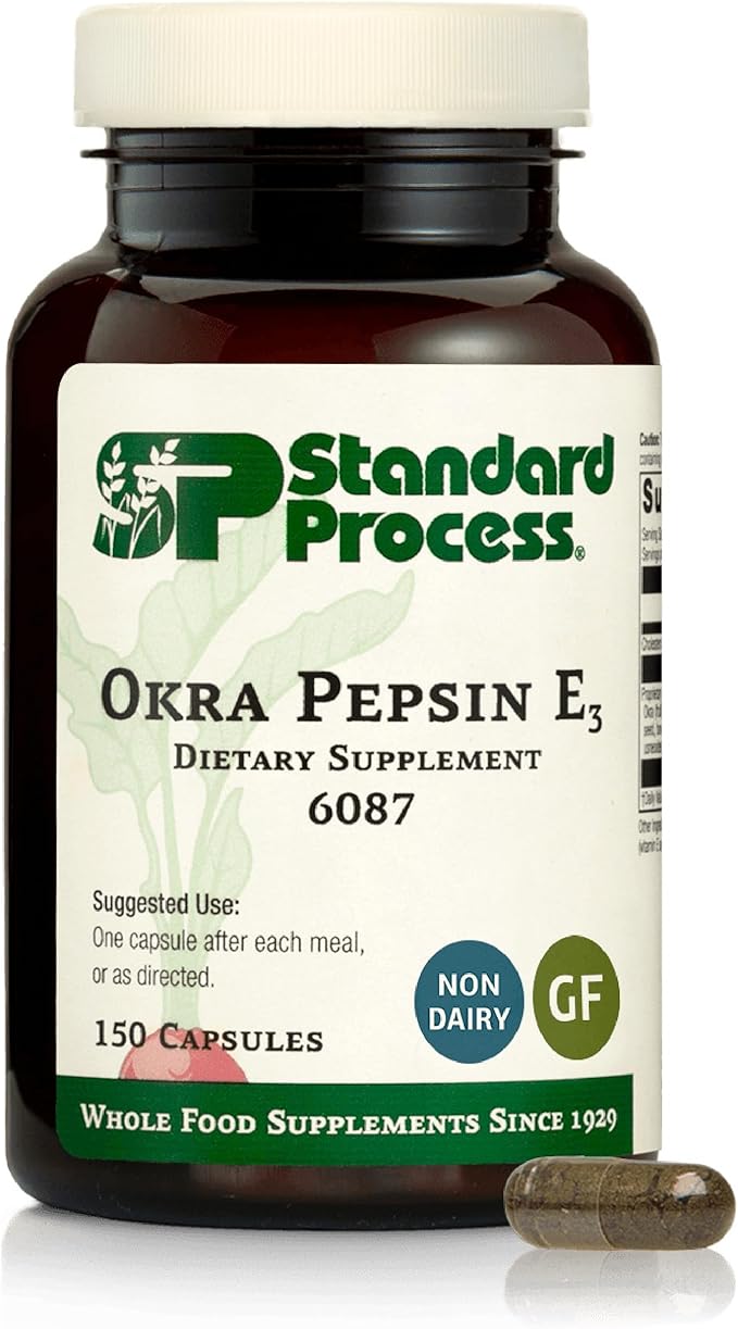 Standard Process Okra Pepsin E3 - Gastrointestinal &amp Gut Health Supplement - Supports Protein Digestion &amp Regular Digestive Function - Gluten-Free Non-Dairy &amp Non-Soy - 150 Capsules