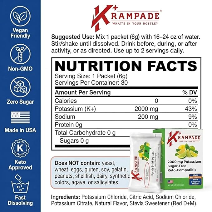 Krampade High Potassium Electrolytes Powder Zero Sugar Lemon Lime 4180mg Electrolytes 2000mg Potassium Cramp Relief &amp Prevention Cellular Hydration Better Endurance &amp Recovery Keto 20 S