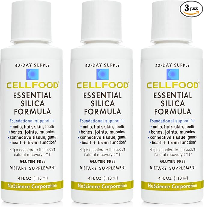 Cellfood Essential Silica Anti-Aging Formula - 4 fl oz 3 Pack - Supports Healthy Bones Joints Hair Skin Nails Teeth &amp Gums - Easy to Absorb - Gluten &amp Thiaminase Free Non-GMO - 120-Day