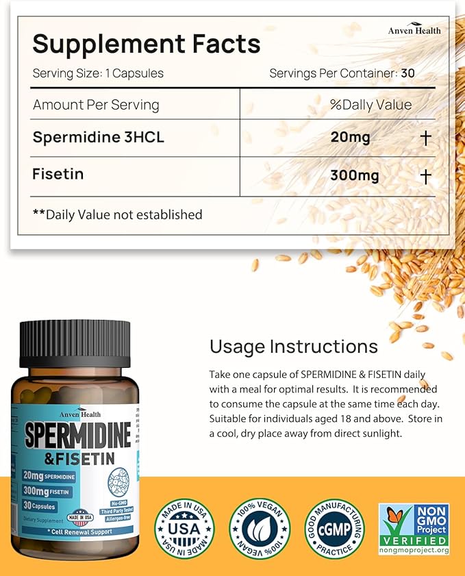 Spermidine &amp Probiotics - 60 Billion CFU for Gut Health Longevity Cell Renewal &amp Immune Support 20mg 98% Spermidine &amp 300mg Fisetin