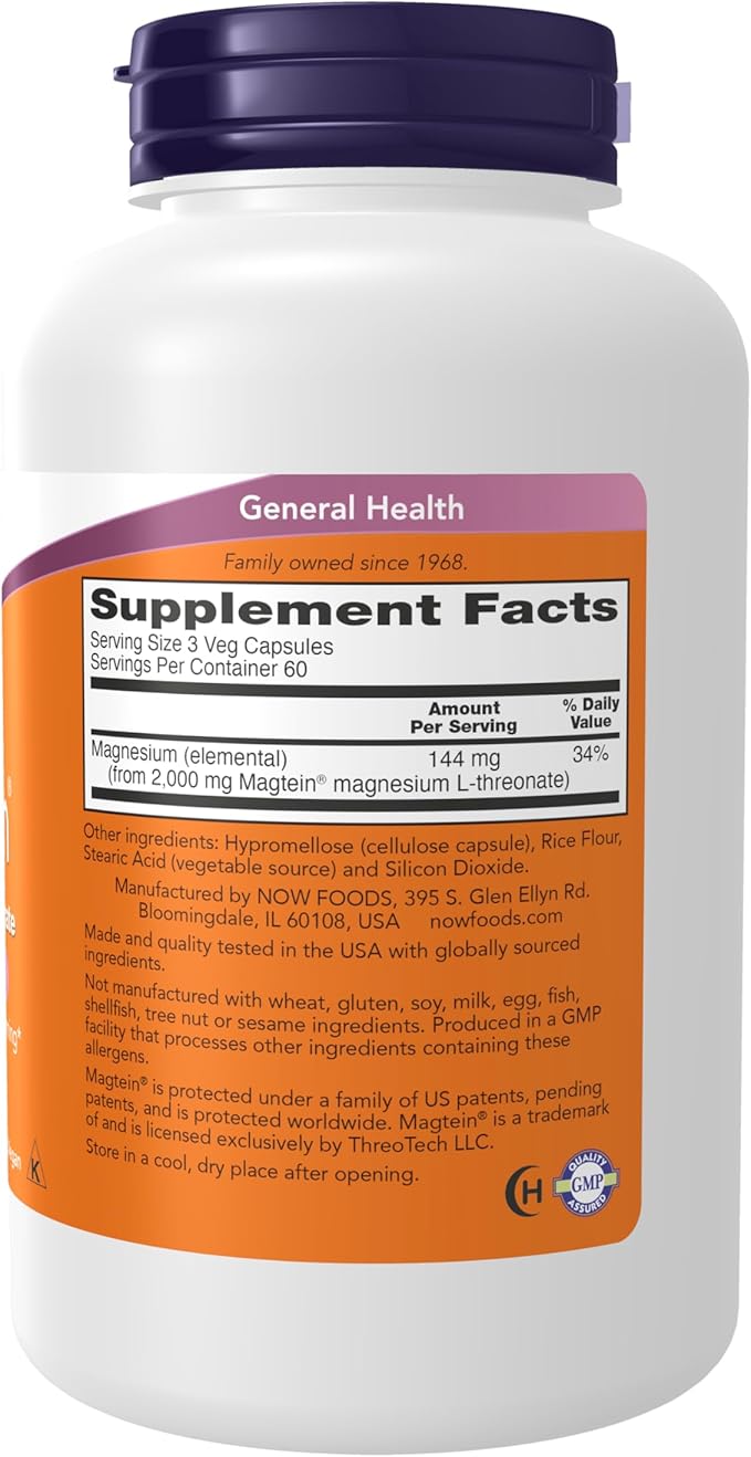Now Foods Supplements Magtein Magnesium L-Threonate Cognitive Support* 180 Veg Capsules