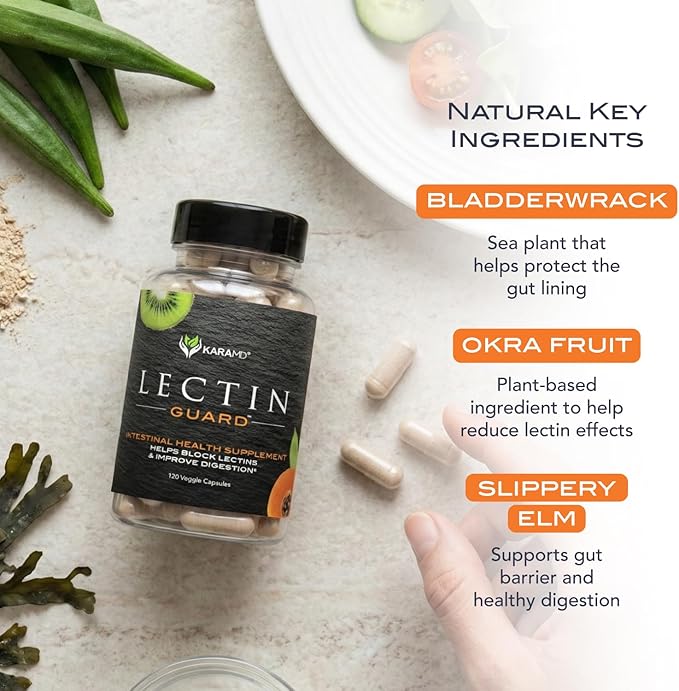 KaraMD Lectin Guard | Colon Cleansing Lectin Blocker | Slippery Elm Bladderwrack Sodium Alginate Okra Kiwi &amp Papaya | Gut Health for Women and Men Gluten Free 30 Capsules