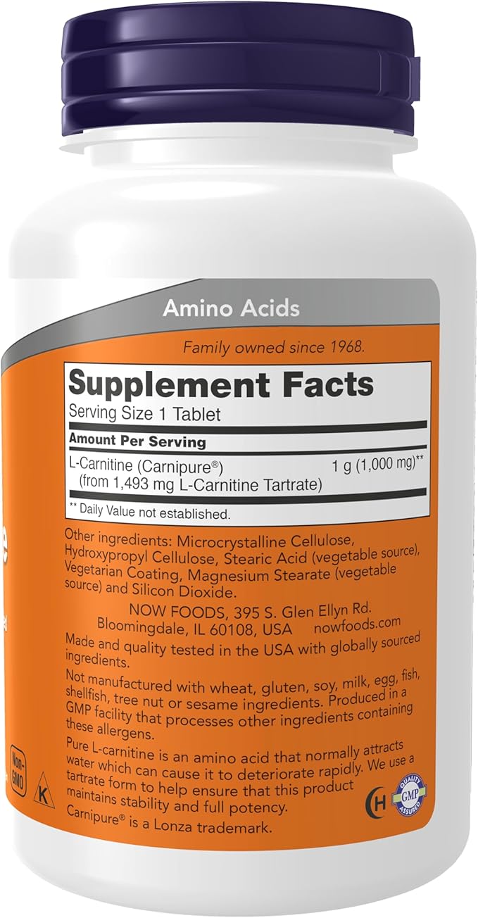 NOW Foods Supplements L-Carnitine 1000 mg Purest Form Amino Acid Fitness Support* 50 Tablets