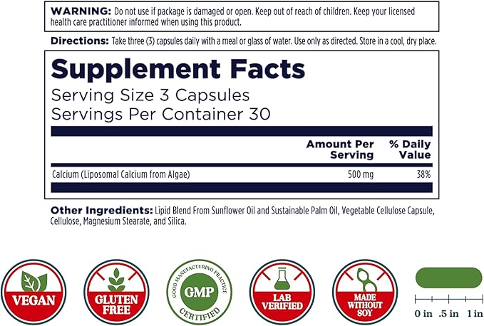 KAL Liposomal Calcium 500 mg High Absorption Calcium Supplement Essential Calcium Support Vegan Gluten Free No Soy 30 Servings 90 VegCaps