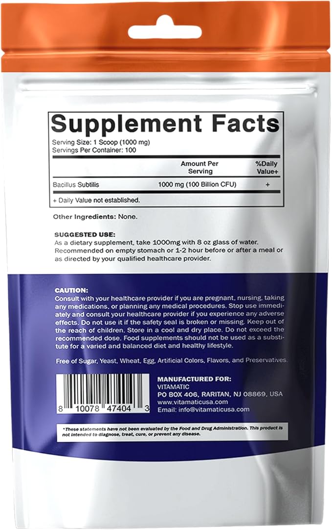 Vitamatic Bacillus Subtilis Pure Powder Probiotic Powder - Gut Health - 100 Gram - 100 Servings