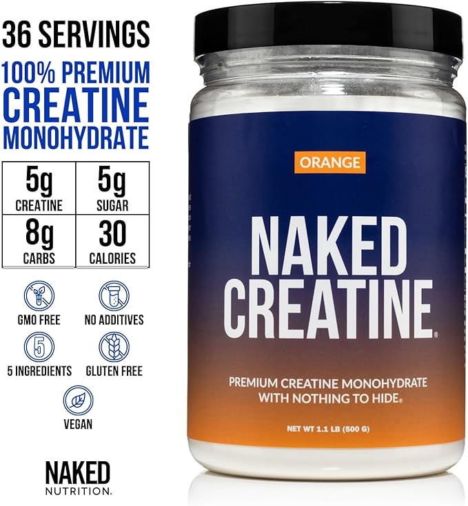 NAKED Pure Micronized Orange Creatine Monohydrate - 36 Servings - 500 Grams 1.1Lb Bulk Vegan Non-GMO Gluten Free Soy Free. Aid Strength Gains No Additives