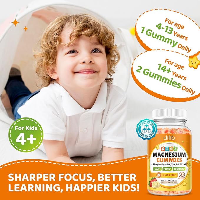 Magnesium Glycinate Gummies for Kids Brain Supplement for Memory and Focus with Phosphatidylserine L-Theanine Zinc for Kids &amp Adults Sleep Cognition Calm Strawberry &amp Banana Flavor 120ct