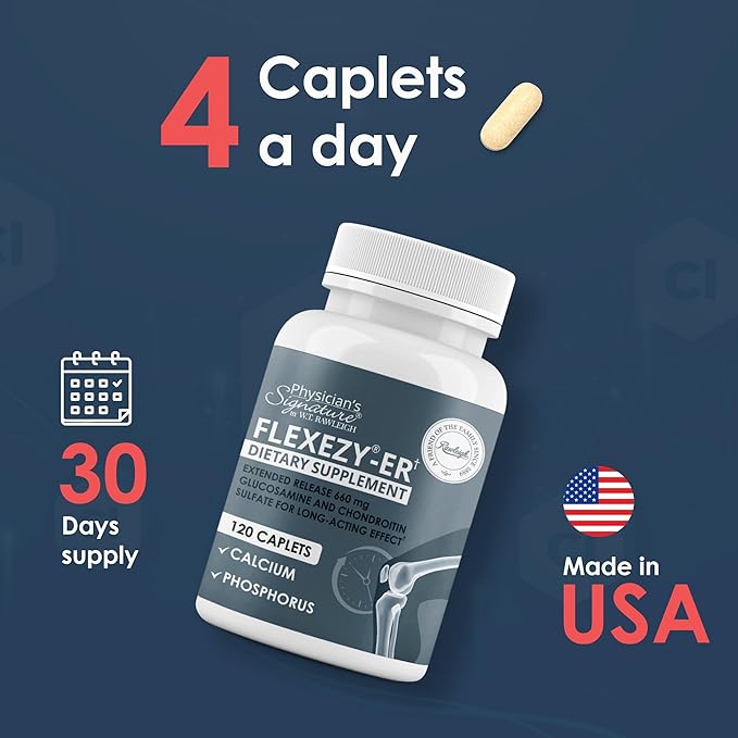 Rawleigh Flexezy-ER: 120 Caplets High Strength Glucosamine &amp Chondroitin Sulfate Blend Calcium &amp Phosphorus 24-Hour Extended Release Bone &amp Joint Health Supplement. Non-GMO - 1 Month S