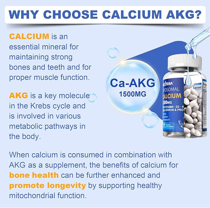 Liposomal Calcium AKG Supplement 1500mg with Vitamin D3 &amp K2 Softgels for Women &amp Men│ High Absorption│Calcium Supplements with Magnesium Glycinate Boron Probiotics &amp Vitamin C for Bone