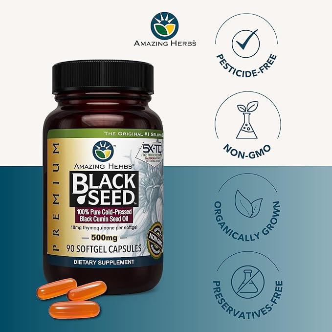 Amazing Herbs Premium Black Seed Oil Capsules - Gluten Free Non GMO Cold Pressed Nigella Sativa Aids in Digestive Health Immune Support- 90 Count (Pack of 2)