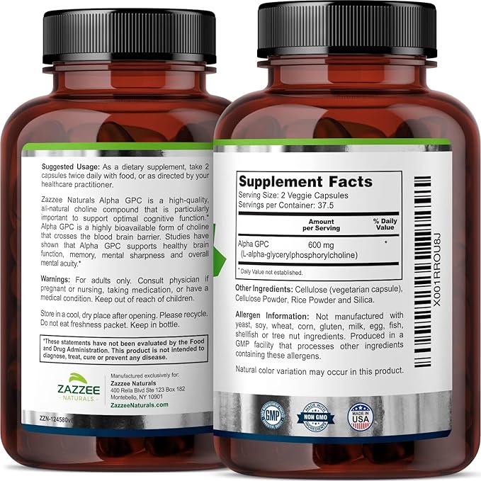 Zazzee Citicoline CDP Choline Capsules and Alpha GPC Choline Capsules