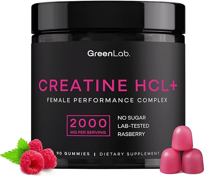 GreenLab Creatine HCL+ 2000mg Female Performance Complex – Sugar-Free Vegan Raspberry Flavor – Chewable Gummies for Women 90 Count