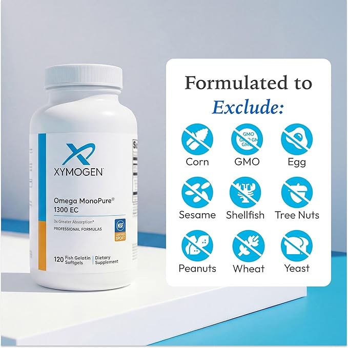 XYMOGEN Omega MonoPure 1300 EC - Heart &amp Brain Support - DHA &amp EPA Omega-3 Fish Oil - Monoglyceride High Absorption Softgels - Enteric Coated - 120 Softgels