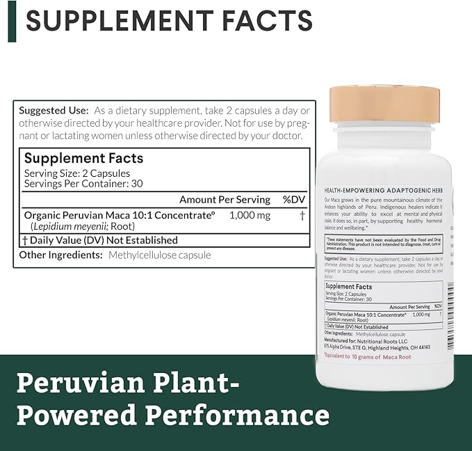 Nutritional Roots Maca Root Capsules: Peruvian Maca 10x Made with Organic Maca Powder (Lepidum meyennii) 10:1 Concentration Single-Origin Vegan Gelatinized Maca Supplement 60 ct.