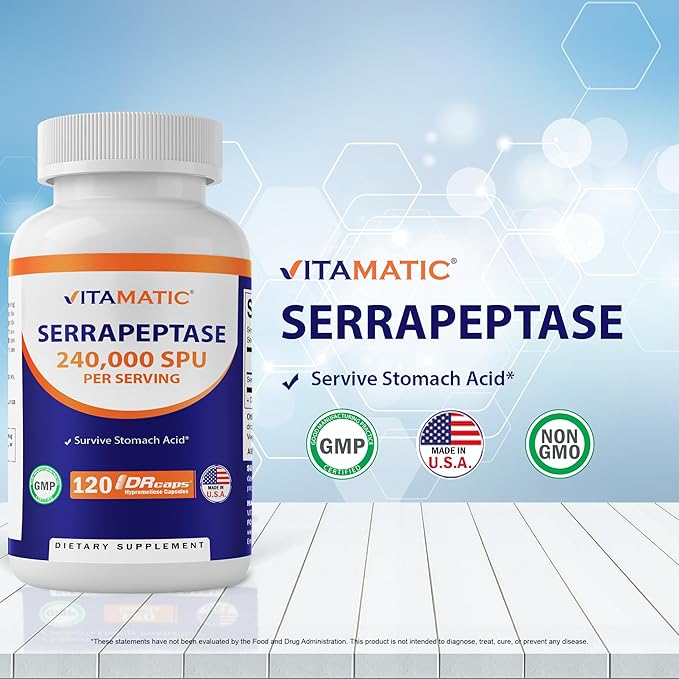 Vitamatic Serrapeptase 240000 SPU Servings 120 Delayed Released Capsules - Enteric Coated - Non-GMO- Made in The USA (120 Count (Pack of 4))