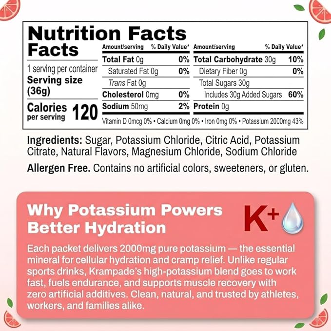 Krampade High Potassium Electrolytes Powder Fruit Punch 3950mg Electrolytes 2000mg Potassium 50mg Magnesium Cramp Relief &amp Prevention Cellular Hydration Better Endurance &amp Recovery 20 P