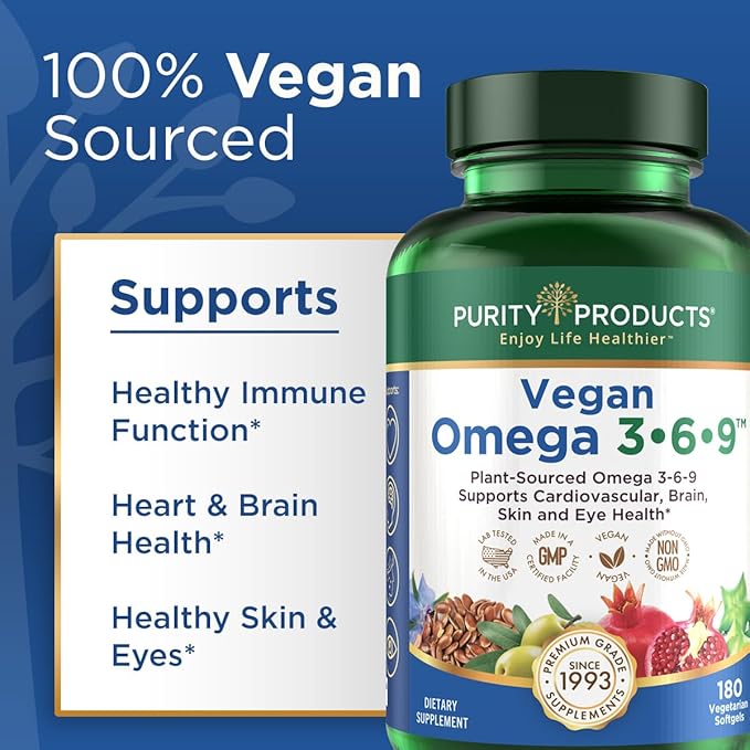 Purity Products Bundle - Vegan Omega 3-6-9 (180 ct) + B-12 Energy Melt Omega 3-6-9 (“5 in 1” Plant-Based Omega 3 6 9 Essential Fatty Acids) - B12 Berry Melt (Methylcobalamin B12 + B6 + D3 + More)