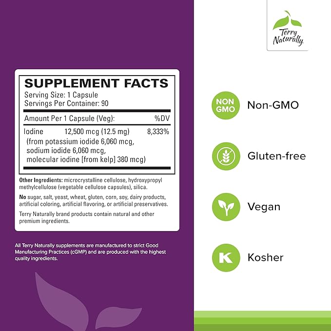 Terry Naturally Tri-Iodine - Support Thyroid Health - Aids Hormone Balance with Molecular Iodine from Kelp - Features Potassium Iodide &amp Sodium Iodide - Brain &amp Energy Support - 12.5mg 180 Ca