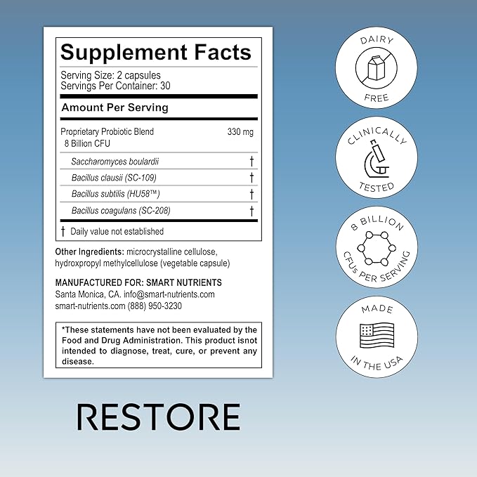 RESTORE | Digestive Probiotics &amp Antioxidant Daily Supplement | Supports IBS &amp Gut Health | 4 Clinically Proven Strains Including 3 Spore-Based Probiotics | 60 Capsules | 30 Day Supply 1-Pack