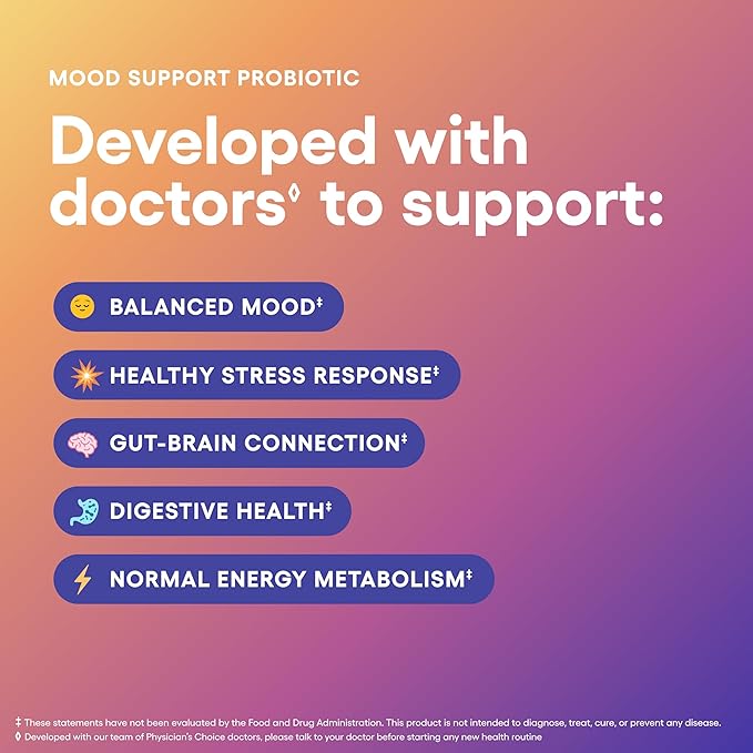 Physician's CHOICE Mood Support Probiotic - Supports a Balanced Mood Healthy Stress Response &amp Digestive Health with Prebiotics Ashwagandha Vitamin B12 Folate - for Men &amp Women - 30ct