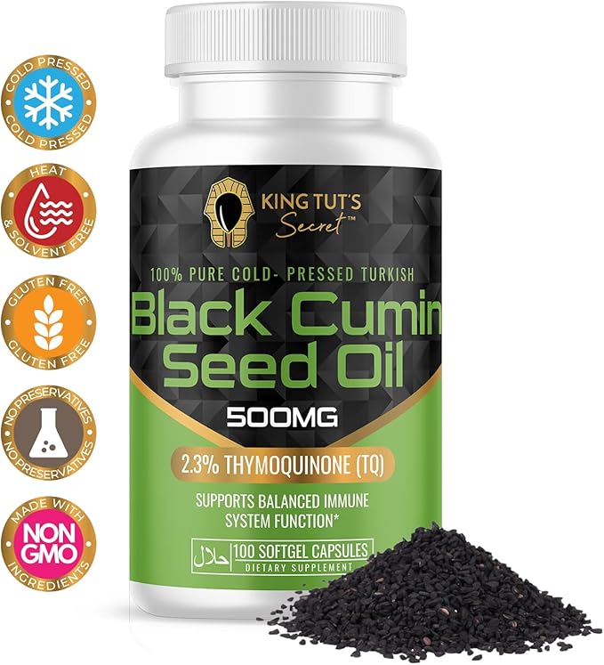 KING TUT'S SECRET Black Seed Capsules - 500 mg 100 Softgels - Nigella Sativa Extract Black Cumin Supplement for Hair Antioxidant Support Immune System - Halal Black Seed Cumin Oil Capsules