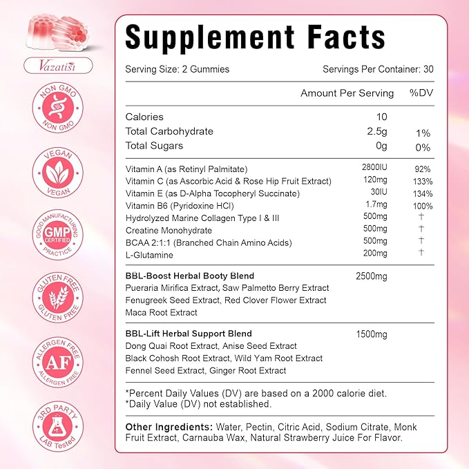 BBL Booty Gummies for Women – Sculpt Lift &amp Firm Glutes – Creatine Monohydrate Vitamins &amp Herbal BBL Blend - Boost Curves Energy &amp Workout Recovery – Vegan Non-GMO 120 Cts