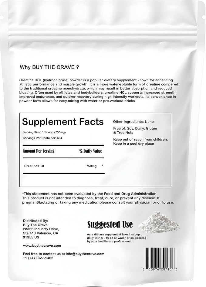 Creatine HCL Powder (16 oz) 1 Ingredient Energy Production Athletic Performance 604 Servings No Bloating Fast Absorption High Solubility Enhanced Strength &amp Endurance (16 oz)