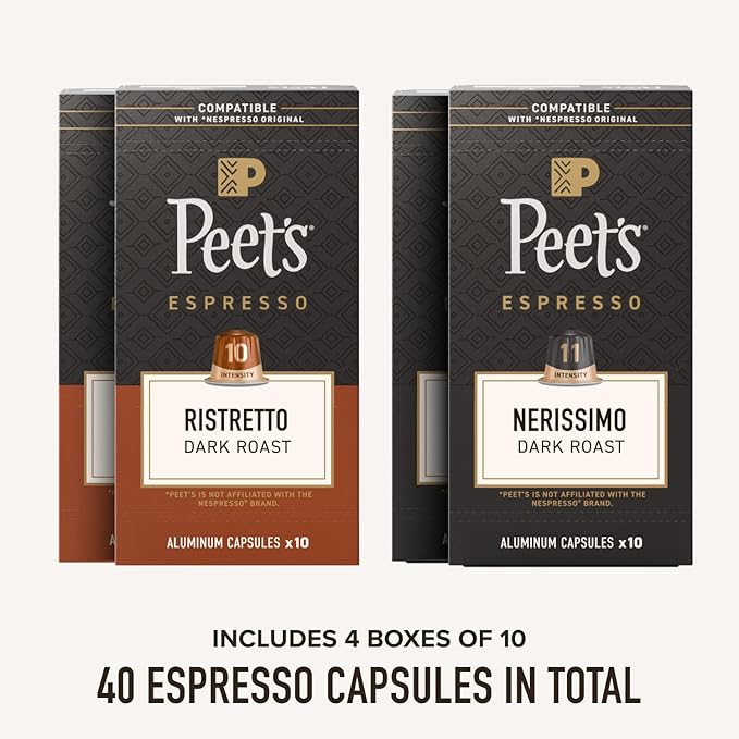 Peet's Coffee Dark Roast Espresso Capsules Variety Pack Compatible with Nespresso Original Machine 100% Arabica Coffee - Intensity 10-11 40 Count (4 Boxes of 10 Espresso Capsules)