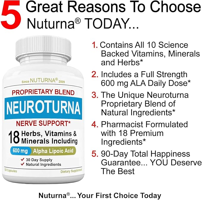 Neuroturna Support Supplement with 600 mg Pure Alpha Lipoic Acid - Advanced ALA Formula for Feet Hands Fingers Legs - Ultra Potent 18 in 1 Natural Vitamins - 120 Capsules