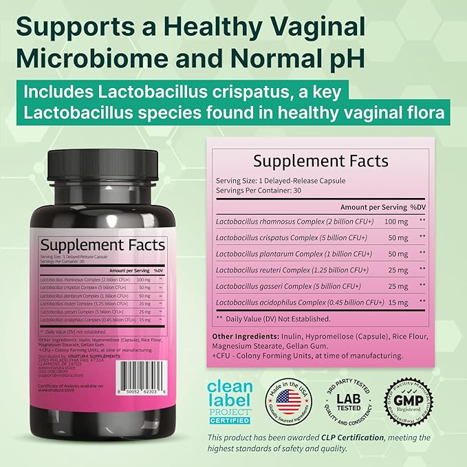VINATURA Lactobacillus Rhamnosus Reuteri Gasseri Plantarum Crispatus Acidophilus Probiotics - Probiotics for Women *USA Made &amp Tested* Women Vaginal Health Gut and Digestive Health - 30 Caps