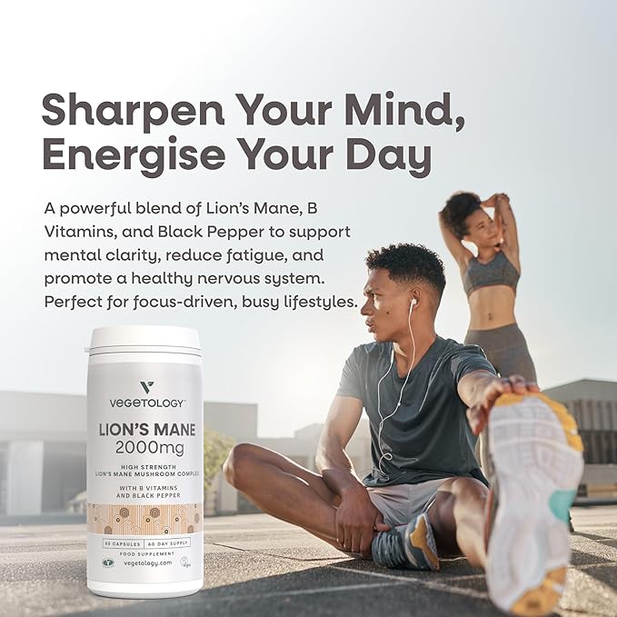 Lions Mane Supplement 2000mg High Strength Mushroom Complex with B Vitamins and Black Pepper Supports Mental Clarity Energy &amp Nervous System 60 Vegan Capsules Age 11+