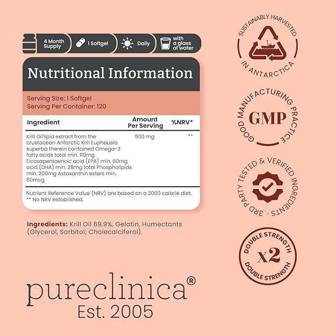 Ultra Pure Superba Krill Oil 500mg x 120 Capsules - Sourced in The Unpolluted Waters of Antarctic Providing a Rich Supply of Astaxanthin Omega 3 and Vitamin D