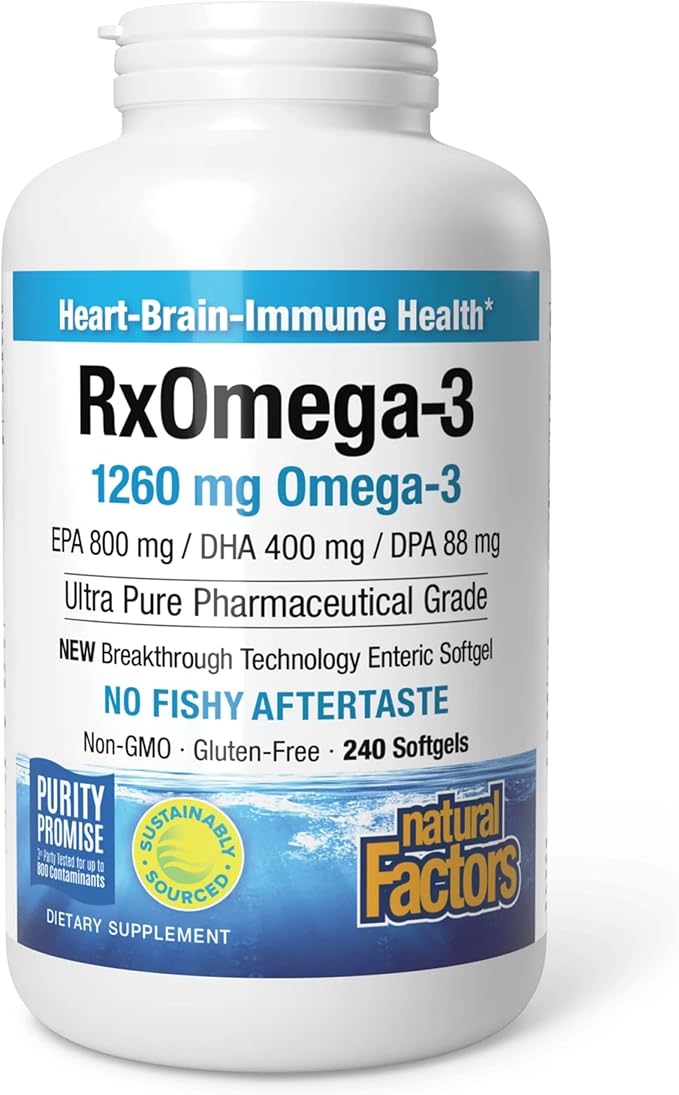 Natural Factors RxOmega-3 Fish Oil Pharmaceutical Grade 1260 mg Omega-3 Per Serving No Fishy Aftertaste 240 Count (Pack of 1)