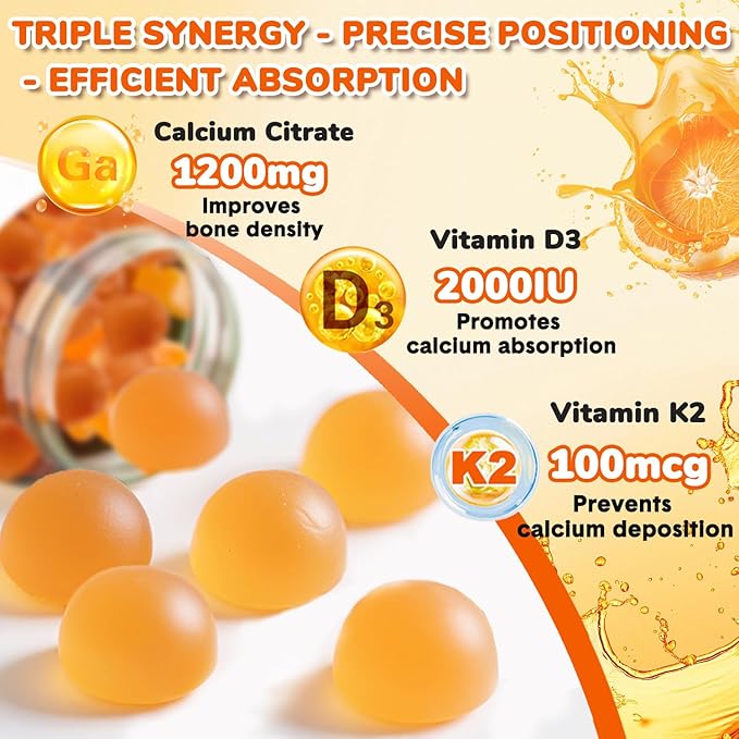 (2 Pack) Calcium Citrate GummiesCalcium 1200 mg with Vitamin D3 and K2 for Women &amp Men.Supports Bone Muscle &amp Teeth - Natural Orange Flavor120 Gummies- 60 Day Vegan Supply
