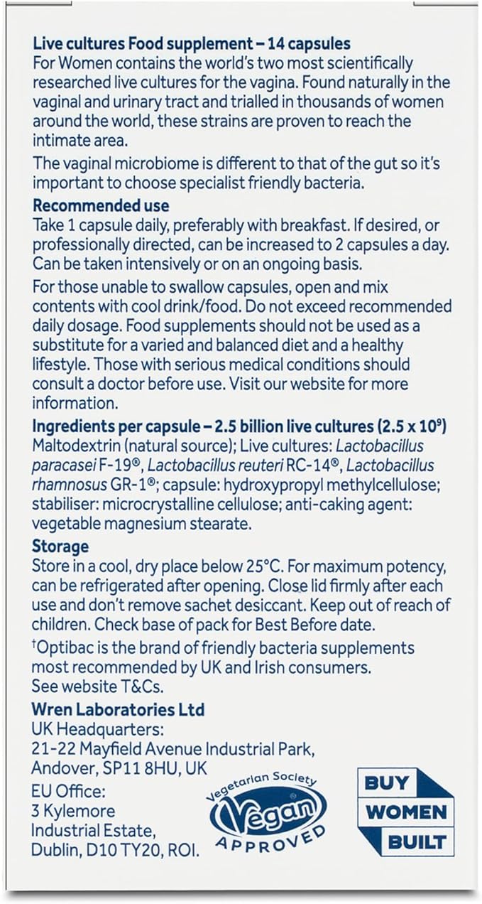 OptiBac for Women | Daily Oral 2.3 Billion Friendly Bacteria Natural Female Supplement for The Intimate Area | Lactobacillus Rhamnosus &amp Lactobacillus Reuteri | One-Two Week Supply | 14 Capsules