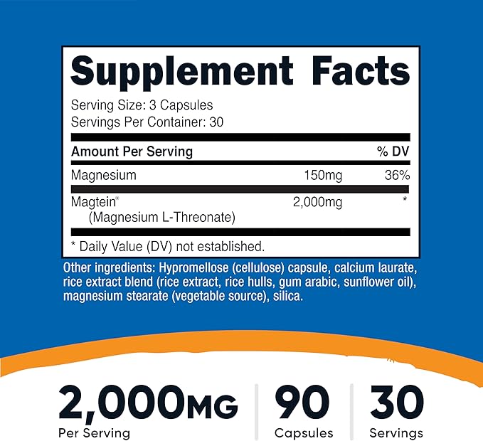 Nutricost Magtein Magnesium L-Threonate 2000mg 90 Capsules - Gluten Free Vegetarian 30 Servings