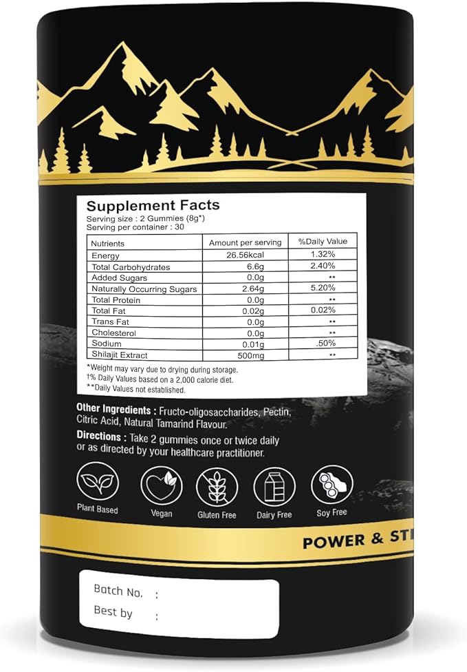 Pure Himalayan Shilajit Gummies – 75%+ Fulvic Acid High Potency Gold Grade – Blend for Energy Vitality &amp Immune Support Travel - Friendly Tamarind Flavor – 60 Gummies