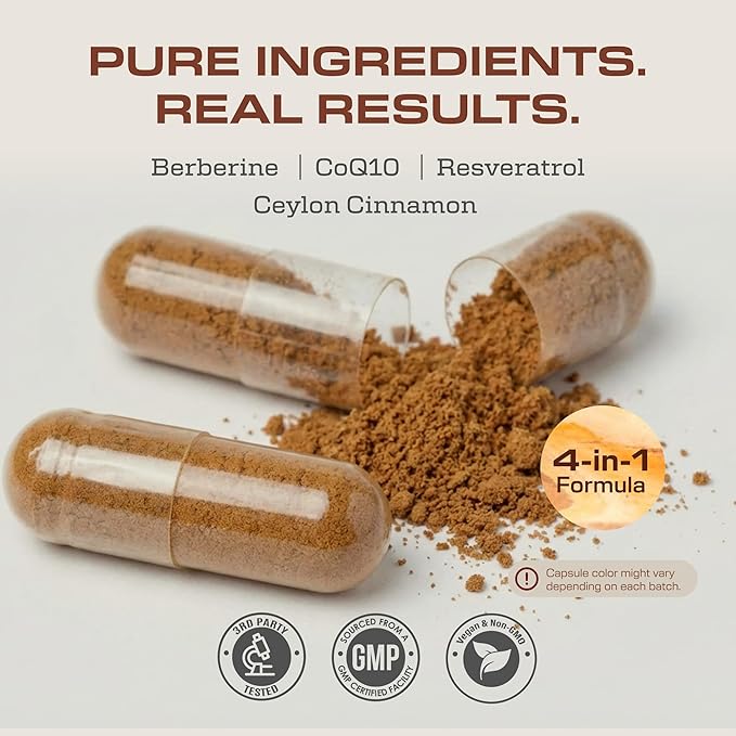 Earth Elixir 4-in-1 Berberine Supplement – Organic Berberine with Ceylon Cinnamon CoQ10 Ubiquinol and Resveratrol Powder – Metabolic &amp Cellular Energy Support 180 Vegan Capsules