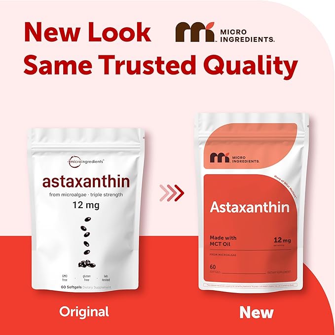 Micro Ingredients Astaxanthin 12mg with MCT Oil 60 Softgels | Fresh Microalgae Source | Triple Strength Easy to Swallow Non-GMO Gluten Free Soy Free