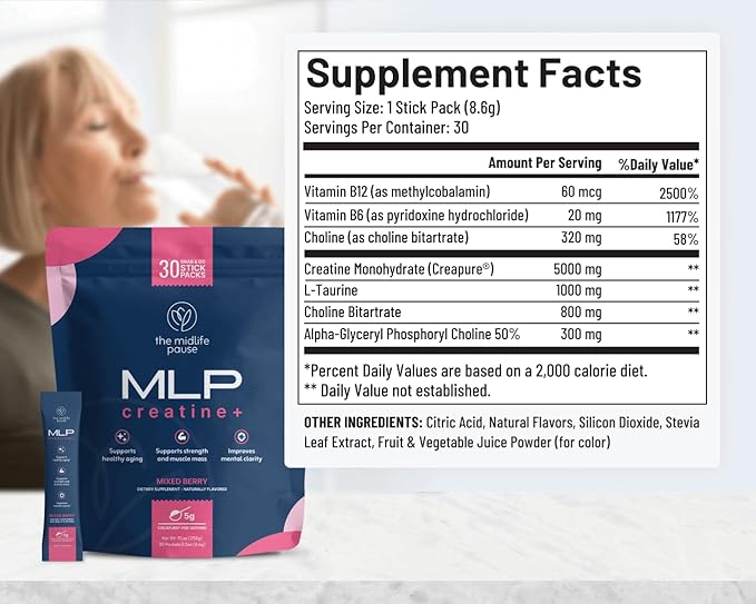 Midlife Pause MLP Creatine + Creapure Creatine Powder Mixed Berry 30 Servings Stick Packs 5g per Serving Alpha GPC + B Vitamins Supports Strength Lean Muscle &amp Recovery for Women