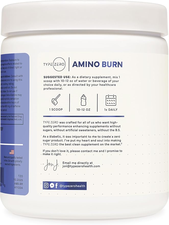 Type Zero Amino Burn - Vegan BCAA + Clean Pre Workout Powder with Arginine AKG L-Citrulline &amp Beta Alanine - Amino Acid Clean Energy Endurance &amp Hydration Supplement - Blue Raspberry 30 Ser