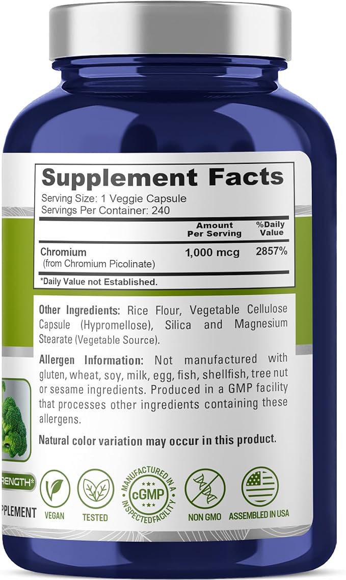 NusaPure Chromium Picolinate 1000mcg 240 Veggie Capsules (Non-GMO Vegan)