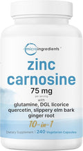 Zinc Carnosine 75mg 240 Veggie Capsules | 10-in-1 Zinc Supplements for Men &amp Women with Glutamine DGL Licorice Quercetin Slippery Elm Bark &amp Ginger Root | Non-GMO Gluten Free