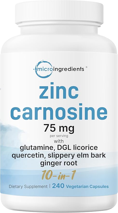 Zinc Carnosine 75mg 240 Veggie Capsules | 10-in-1 Zinc Supplements for Men &amp Women with Glutamine DGL Licorice Quercetin Slippery Elm Bark &amp Ginger Root | Non-GMO Gluten Free