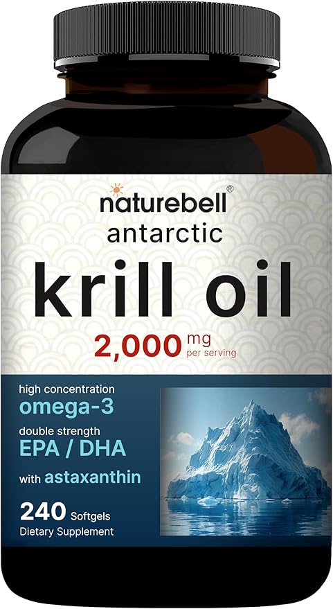 NatureBell Antarctic Krill Oil 2000mg Supplement 240 Softgels 3X Strength Natural Source of Omega-3s EPA 240mg + DHA 160mg + Astaxanthin 800mcg – No Fishy Aftertaste – Mercury Free &amp Non-GMO