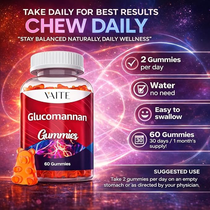 VAITE Glucomannan Gummies 2000mg – Amorphophallus Konjac Root Extract – Plant-Based Daily Fiber Support – Vegan Soluble Fiber Supplement – Gluten-Free Soy-Free – 60 Gummies – Easy to Chew