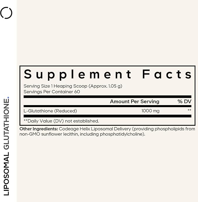 Codeage Liposomal Glutathione Powder - 1000 mg Vegan Reduced L-Glutathione per Serving Liposomal Delivery - 2-Month Supply - Unflavored - Phospholipid - Non-GMO Gluten-Free - 2.22 Oz